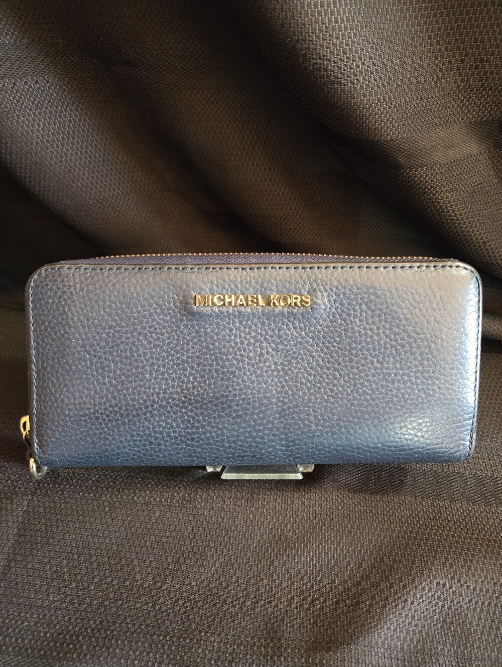 Michael Kors Pebbled Navy Leather Zip Wallet with Gold Logo